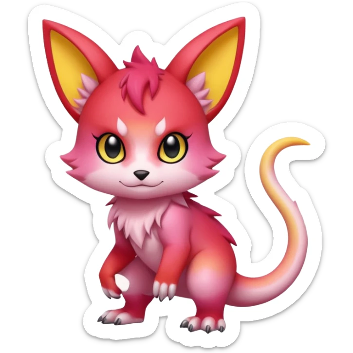 Pastel warm colorful-red-pink-yellow-gradient anime-styled edgy cool badass cute random Fakémon-creature, with random markings, full body sticker