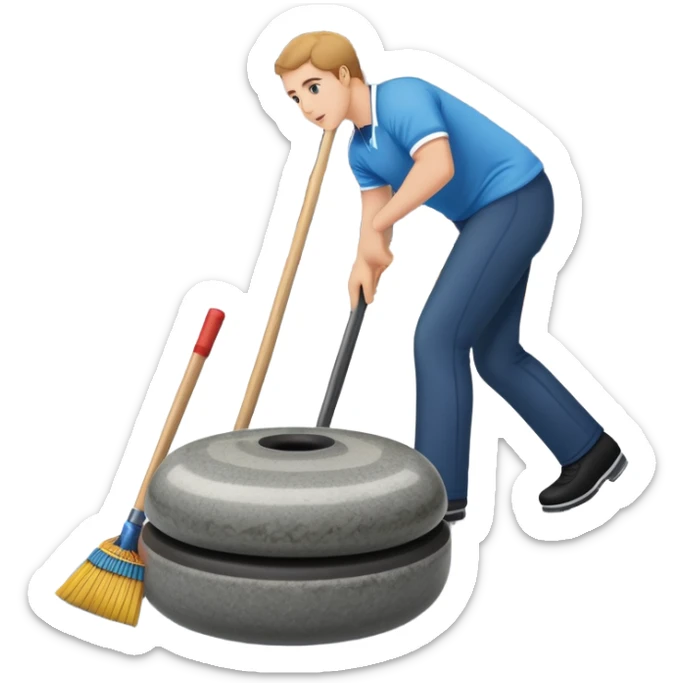 An icon showing a detailed close-up of a curling stone sliding across the ice, with a broom in motion beside it. The background features an indoor stadium with cheering spectators on the stands. Transparent background captures the strategy and focus of curling. sticker