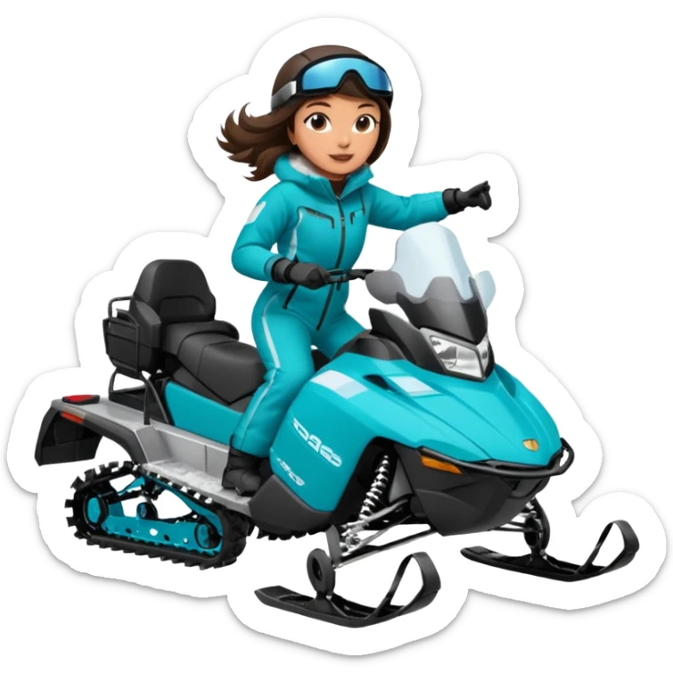 Can you create an emoji of a brunette girl on a teal polaris khaos 850 155 snowmobile doing a wheelie with snow flying sticker