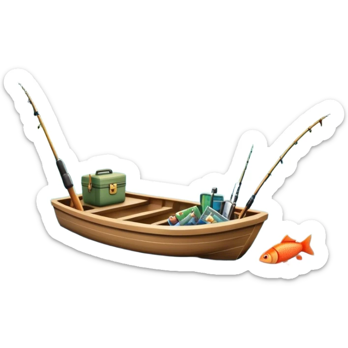 Icon for Fishing Travel: a boat on a calm lake surrounded by mountains and lush greenery, with fish jumping out of the water, a fishing rod, tackle box. The icon should capture the peaceful and adventurous nature of fishing trips. Transparent background. sticker