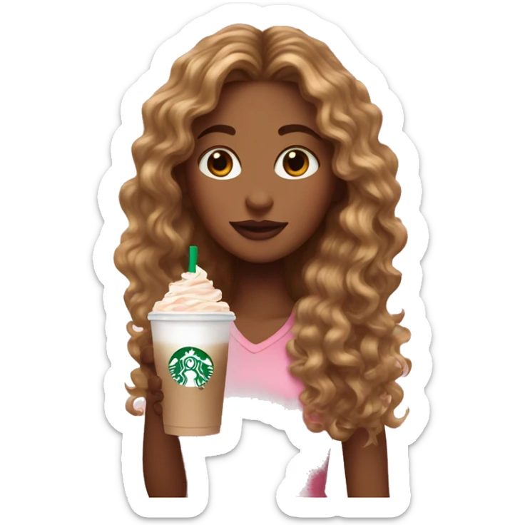 girl with brown and blonde ombré long curly hair holding Pink starbucks refresher sticker