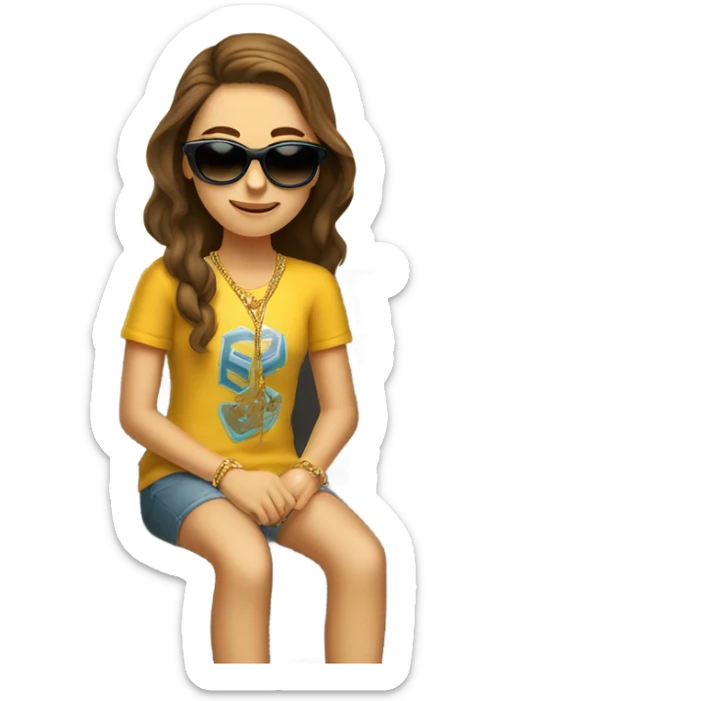 Funny Teen Caucasian girl sitting on couch with brown hair sunglasses and gold necklace  sticker