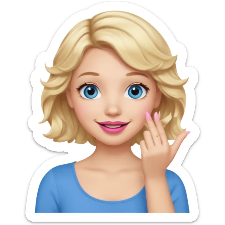 Girl Blonde short wavy hair,  blue eyes, cute blue top, long lashes, pink lips, smiling, hand covering the mouth sticker