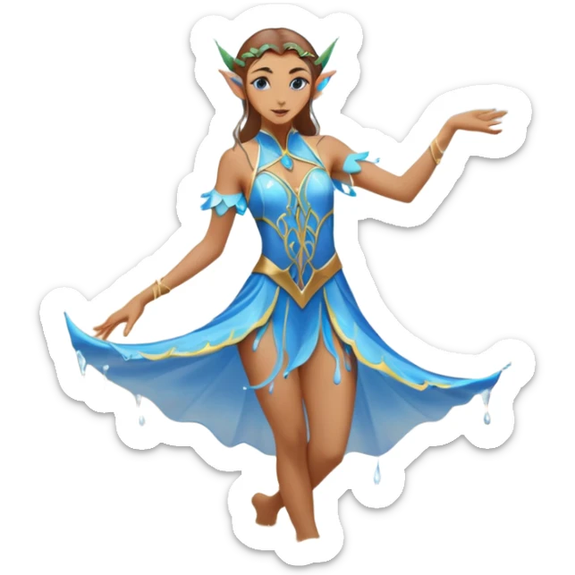elf female dancer with water-like dress, graceful pose on wet sand, splashes, pointy ears, serene expression, centered emoji, ethereal blue colors sticker