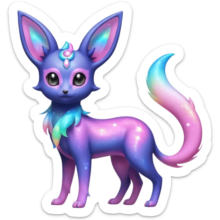 Shiny Iridescent Nebulae Espeon-Umbreon-Sylveon-Fakémon-hybrid-creature (full body)  with a galaxy-dust-flowing-gradient-tail sticker