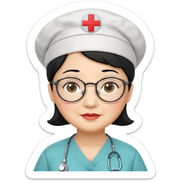 OLD ASIAN WOMAN WITH GLASSES, NURSE SCRUBS, CAP, BLACK HAIR, CHUBBY sticker