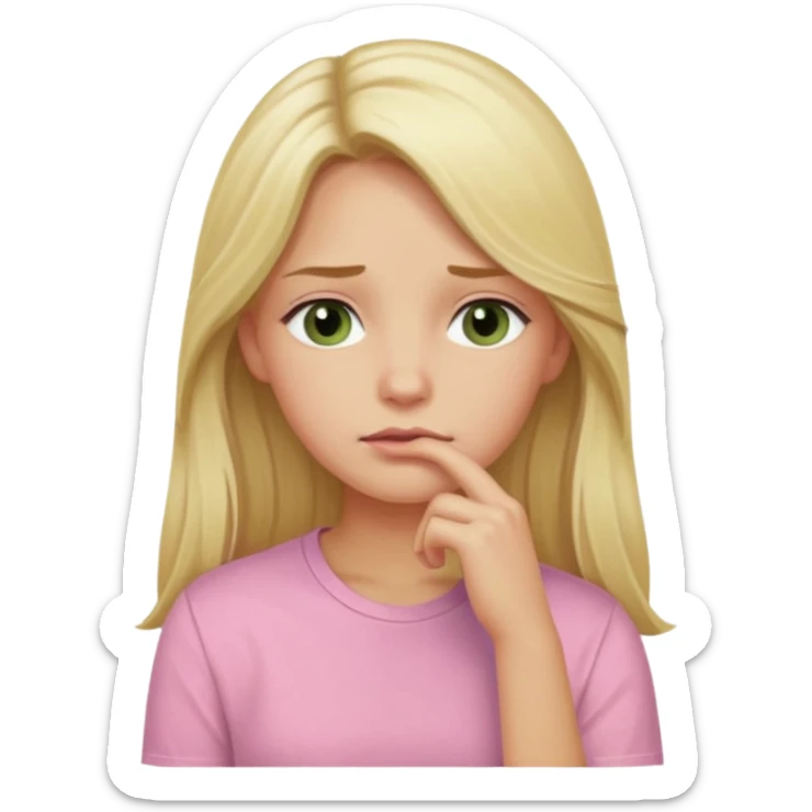 blonde with long hair and swamp-colored eyes, wearing a pastel pink shirt, thoughtful expression, hand on chin, iOS Apple emoji style sticker