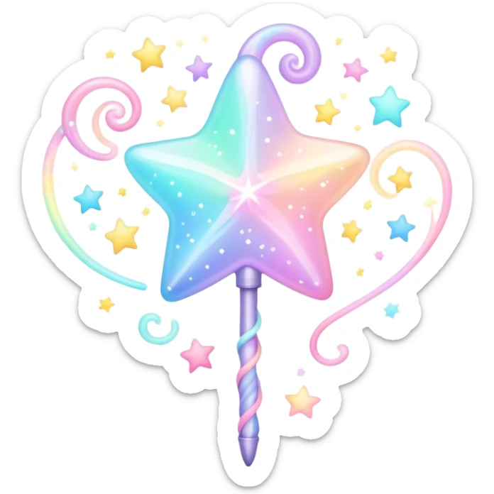 Cinematic cute magical wand, pastel swirls of color, tiny twinkling stars floating around, glowing softly, chubby rounded edges, whimsical and dreamy. sticker