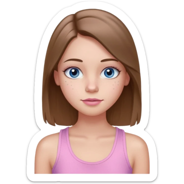 Create a TEENAGE girl with LONG and straight light brunette hair with a MIDDLE PART, light skin, light freckles, and blue-gray eyes. She will have pink lips and LONG eyelashes. She will be wearing a light pink tank top sticker