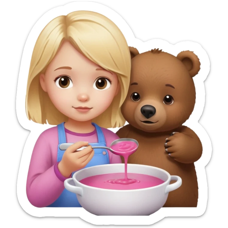 A little blonde girl stirring pink soup with a brown bear next to her sticker