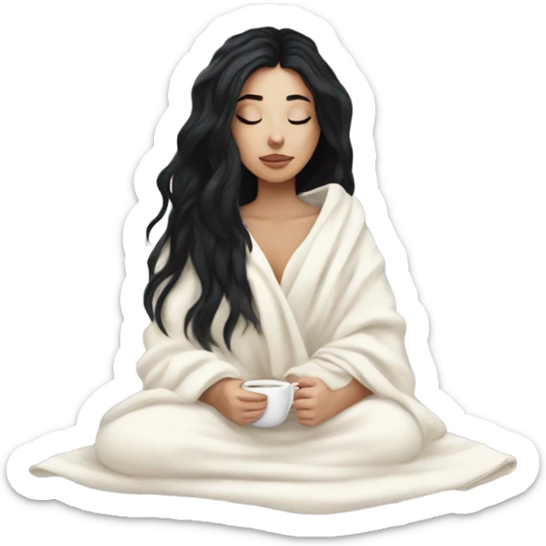 Pale Girl with black hair cozy in a white kblanket seeping tea  sticker