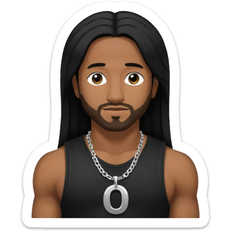 Omarion medium dark skin, long black hair, black tank top with necklace with letter o sticker
