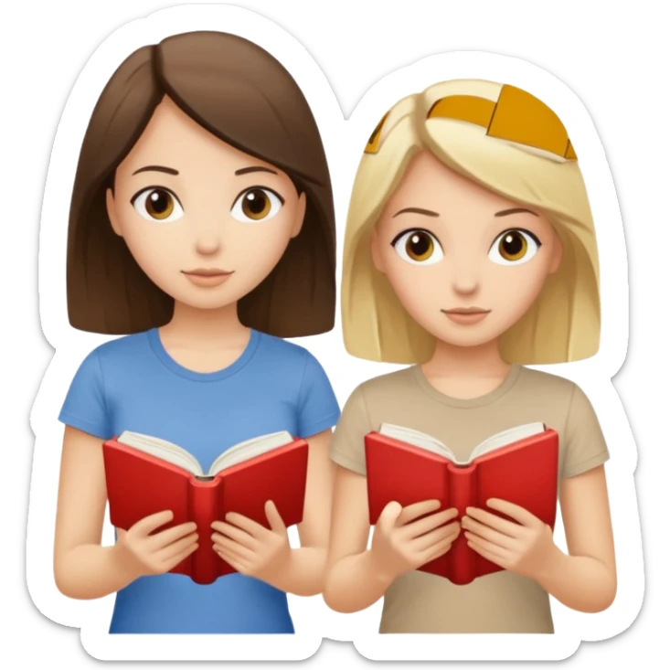 Two beautiful girls read book. Brunette and blonde in beige T-shirts  sticker