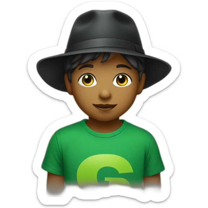 A child with green eyes, wearing a black Sun hat  and a green T-shirt with a black letter “G” on T.Shirt sticker