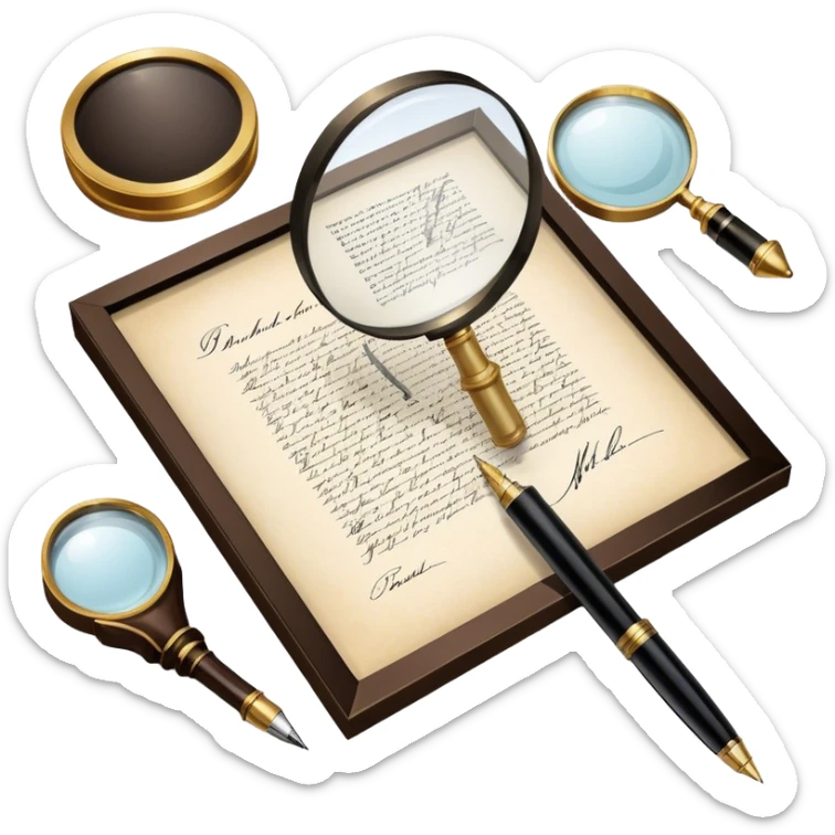 Icon for Autograph Collecting: a signed piece of paper or book page with a famous signature, surrounded by a pen, a magnifying glass, and a collection of framed autographs. Transparent background. sticker