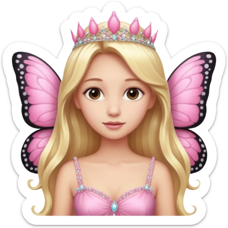 Detailed pink dress, long blonde hair, pink butterfly wings sticker