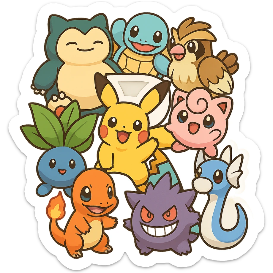 The letter R formed out of various Pokémon characters, playful and colorful style, vibrant and fun sticker