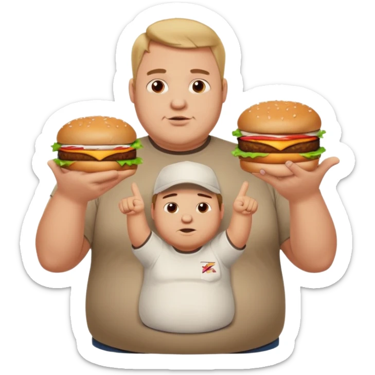 A very fat guy in an Alex Zero T-shirt, holding burgers, giving likes and dislikes, and pointing at KFC. sticker