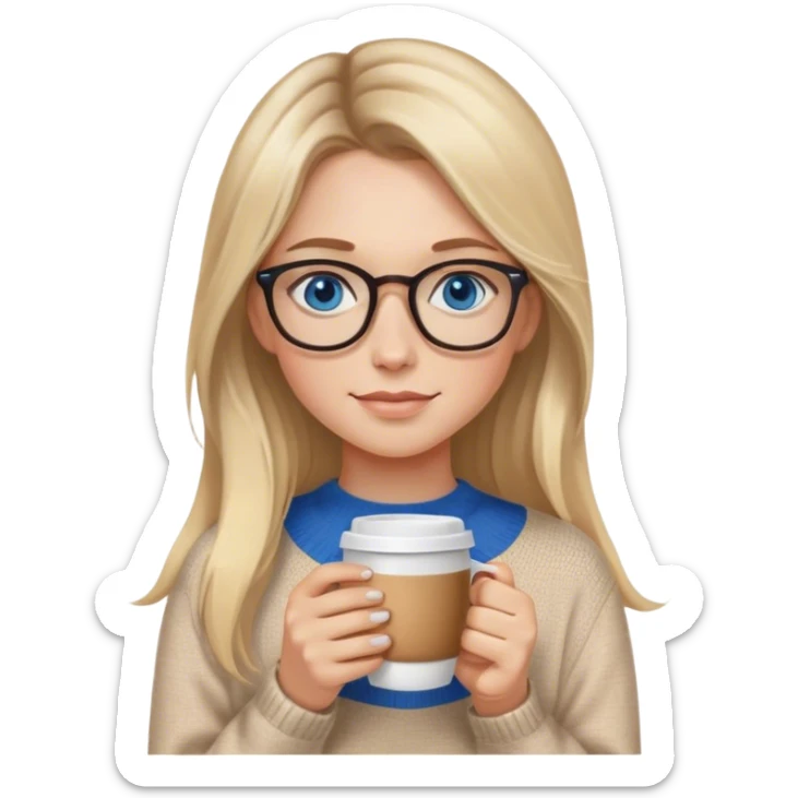 Blonde balayage long hair white women beige sweater blue eyes and small glasses holding coffee sticker