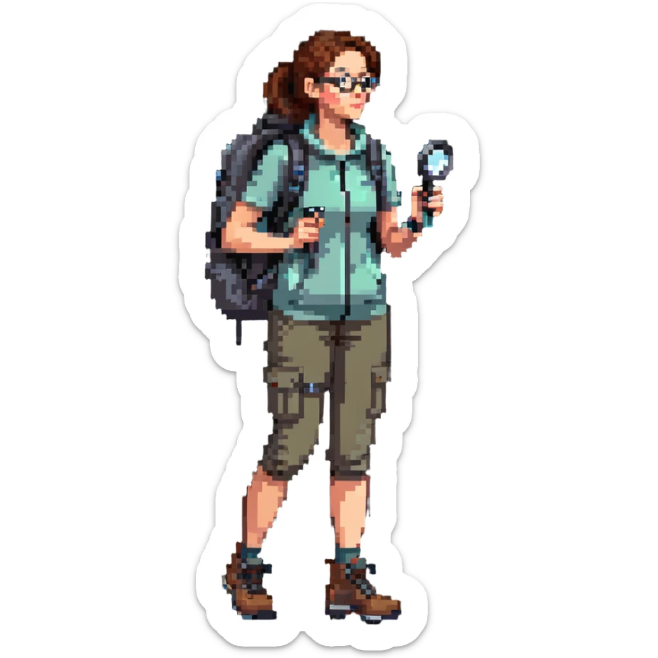 Very happy excited woman in her 40s with glasses wearing sporty outfit, hiking boots, and backpack, holding a magnifying glass sticker