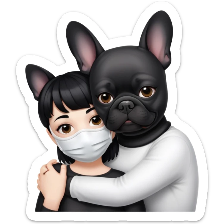 girl with short black straight bangs hair wearing a white mask and hugging a black French bulldog sticker