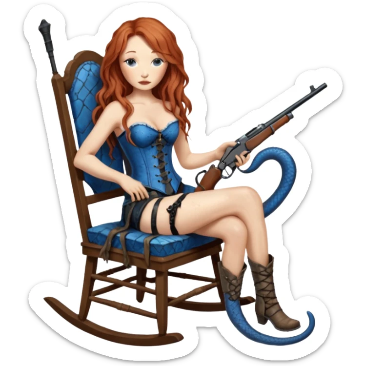 realistic cinematic Tori Amos sits on a rocking chair in a torn corset, holding an antique rifle and her bare feet are muddy. A blue snake is wrapped around the chair. sticker