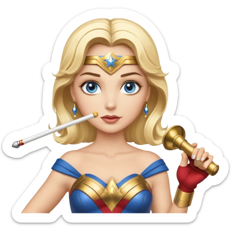 Blonde blue eyed Wonder Woman holding white orchestra conductor’s baton and bell sticker