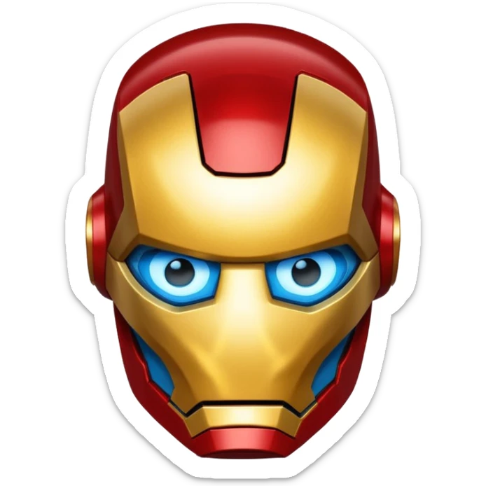 Iron Man helmet emoji, metallic red and gold, glowing blue eyes, simplified and bold, clean lines, expressive, popular emoji style sticker