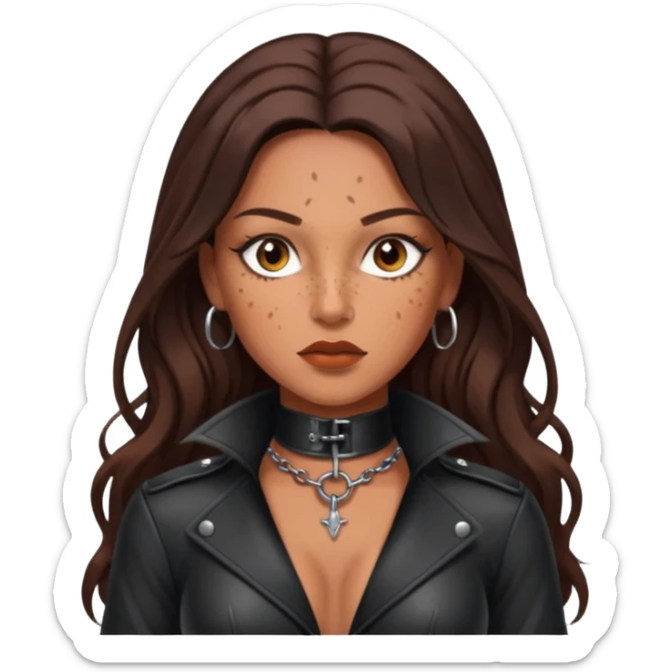 Tan skin with freckles, long dark hair, hazel eyes Dominatrix  sticker