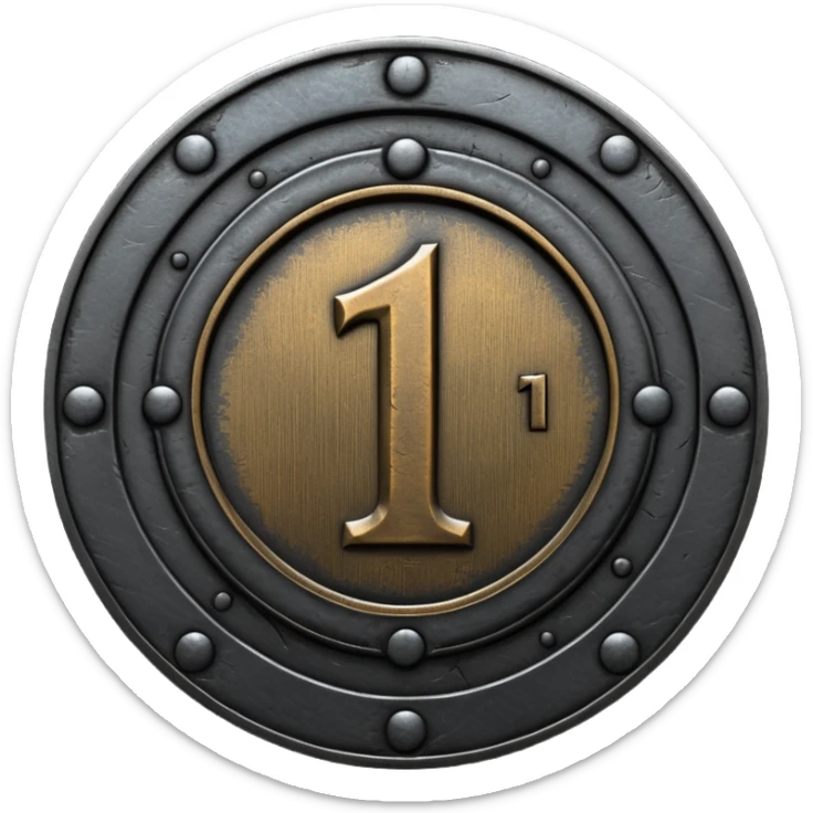 Minimal emoji, gothic metal coin made of black steel, engraved number 1 at the center, ancient industrial aesthetic, worn metal texture, no glow, no neon, flat emoji design, centered, transparent background sticker