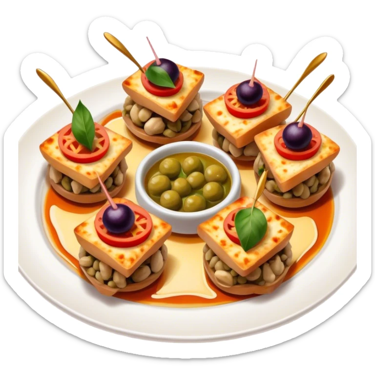 Tapas (4 Pintxos) Cinematic Realistic Tapas Dish Emoji, depicted as an assortment of 4 pintxos elegantly arranged on a plate, rendered with lifelike textures and vibrant, inviting lighting. sticker