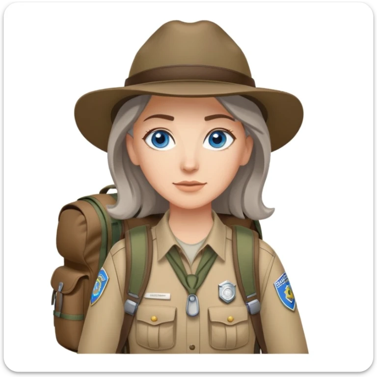 white woman park ranger with blue eyes, brown and gray hair, wearing a backpack, standing in a nature background sticker