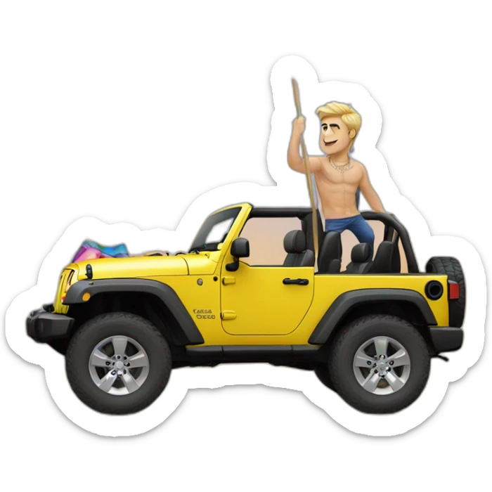 zac efron on a jeep wrangler with a raibow flag and gay dresses sticker