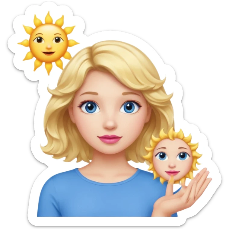 Girl Blonde short wavy hair,  blue eyes, cute blue top, long lashes, pink lips, holding the sun   sticker