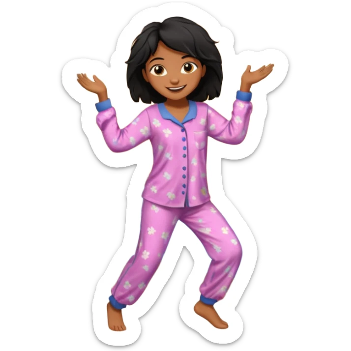 generate a pretty bratz brown skinned girl with messy black hair in pyjamas dancing in room sticker