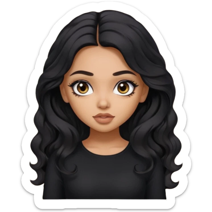 a pretty bratz dusky girl with long wavy black hair, kajal under eyes, black full sleeve  top sticker