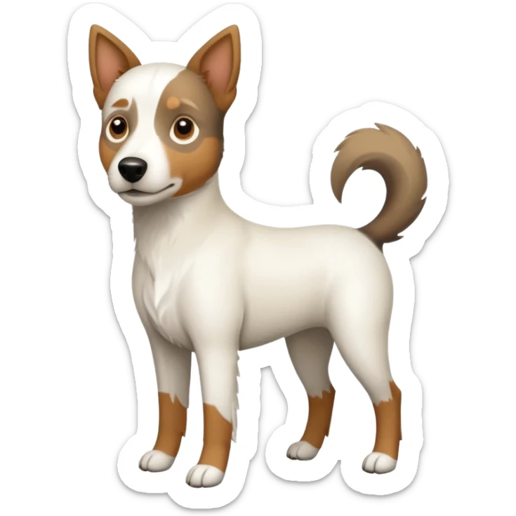 a full body large white parson russell looking dog the size of a kelpie with light brown flapped down ears and a light brown patch on one eye and a large snout sticker