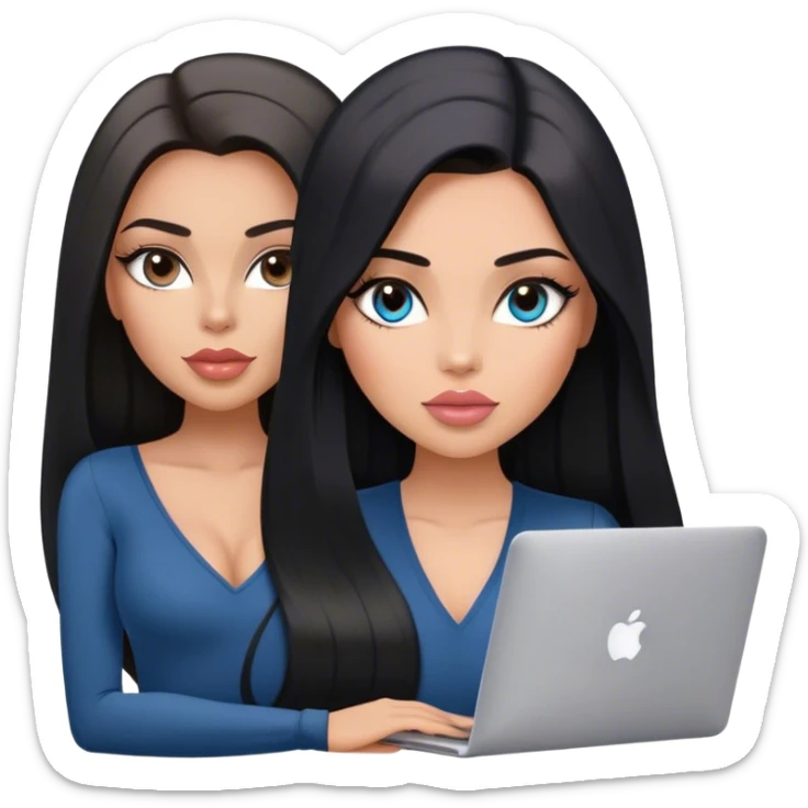 Glamours, tanned, very beautiful girl, with big pump peach-beige-rose lips, long lashes, black straight smooth silky long hair, straight parting hair, blue-grey eyes, in v-neck bodysuit holding MacBook sticker