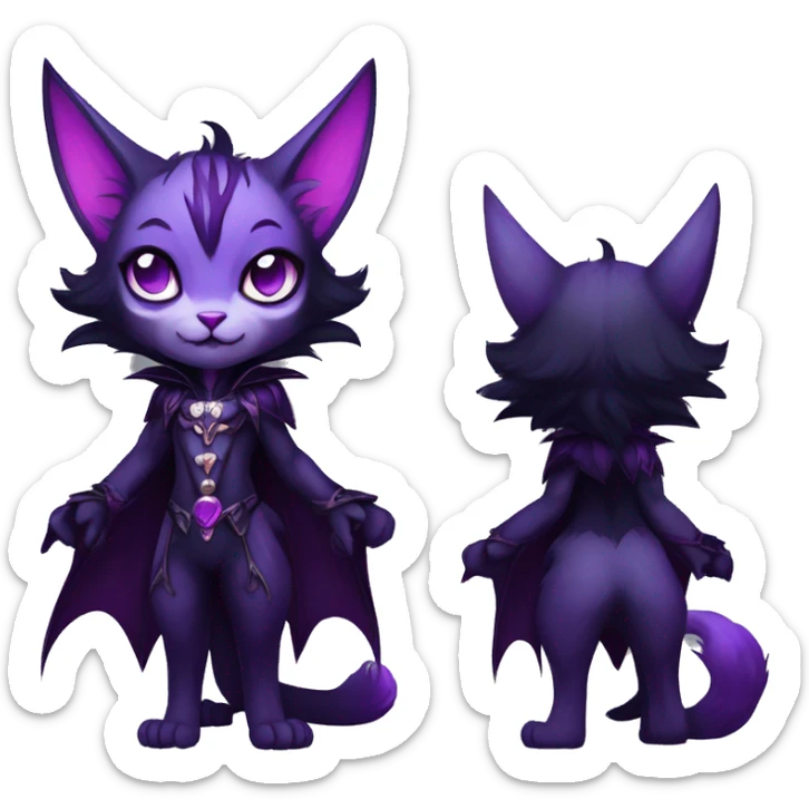 Anthro-Cute-Edgy-Vampiric-Batty-Cat-Black-Purple-Contrast-Colors-Fantasy-Fur-Sona-Chibi-Shiny-Fakémon-Hybrid with horns full body sticker