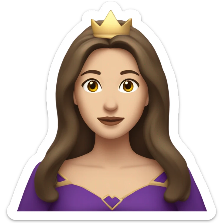 Caucasian long  brunette woman wearing formal royal purple robes and a crown. A burst of hearts are floating around her sticker