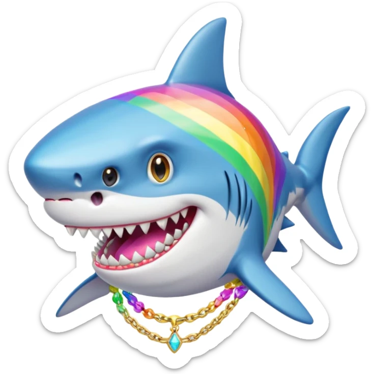 Generate a shark with a wig with the colors of the rainbow its teeth that are also with the colors of the rainbow and that have like diamonds embedded And that it also has a gold chain of number 69 with inlaid diamonds sticker