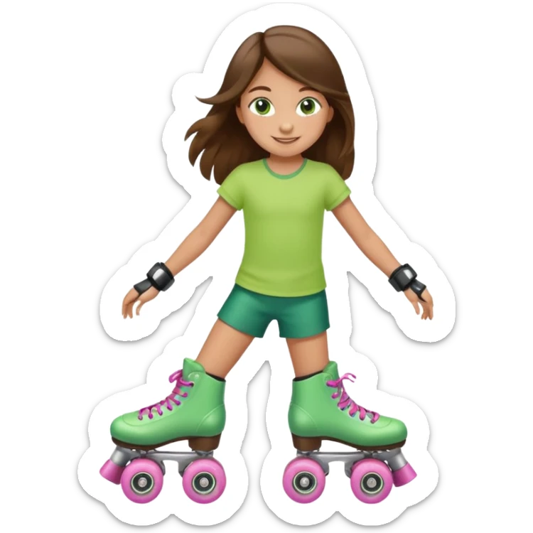 an 8 year old girl with green eyes and long brown hair. smiling. skating on quad style roller skates with white boot. sticker