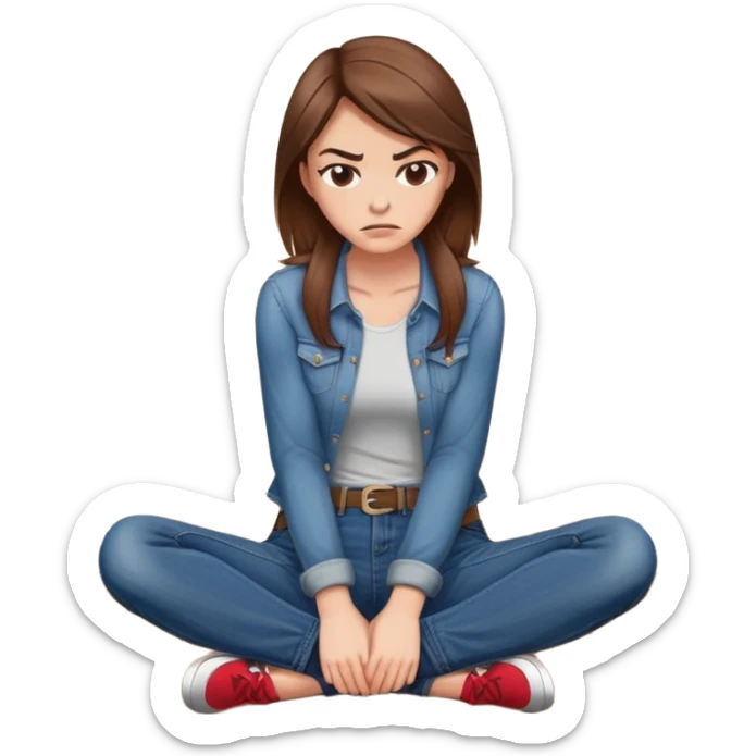 angry woman with brown hair sitting in profile on a floor hugging her knees in jeans avoiding conversation  sticker