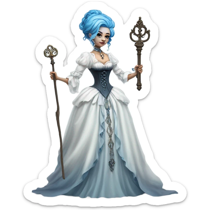 blue witch woman login holding a big key in white victorian dress, full body sticker