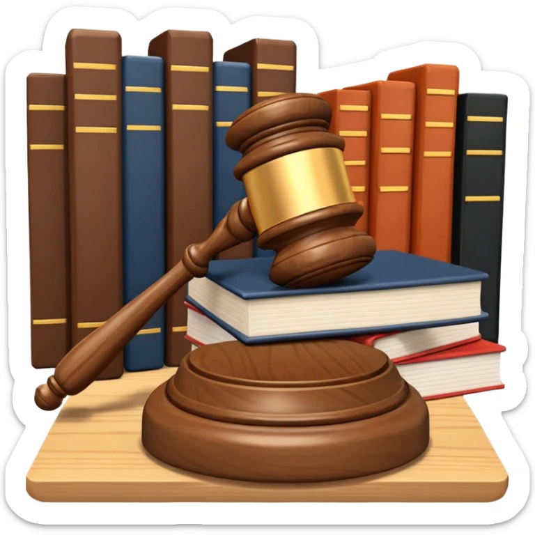 A 3D cartoon judge’s gavel resting on a block beside law books, warm wooden background, realistic Memoji-style rendering. sticker