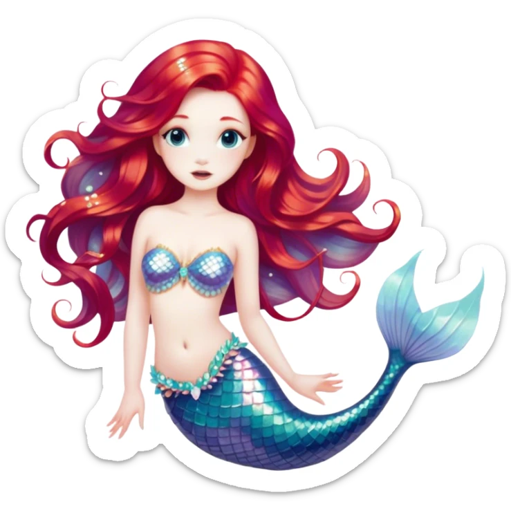 Cinematic Realistic Red Hair Mermaid Portrait, depicted with lifelike porcelain white skin that glows with an ethereal radiance, enhanced by soft underwater lighting. Her intricately detailed, flowing red hair cascades like liquid fire, framing deep, soulful eyes that mirror the mysteries of the deep sea. Accented by shimmering, iridescent scales and delicate aquatic embellishments, the portrait features an enchanting underwater glow that marries realism with mythic ocean elegance. sticker