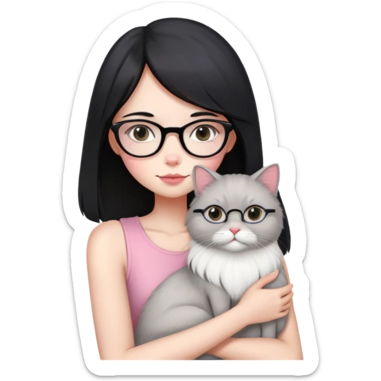 Skinny woman with oval glasses, long straight black hair, pink cheek blush, wearing white sleeveless top, hugging a grey Persian-Angora cat, plain background sticker