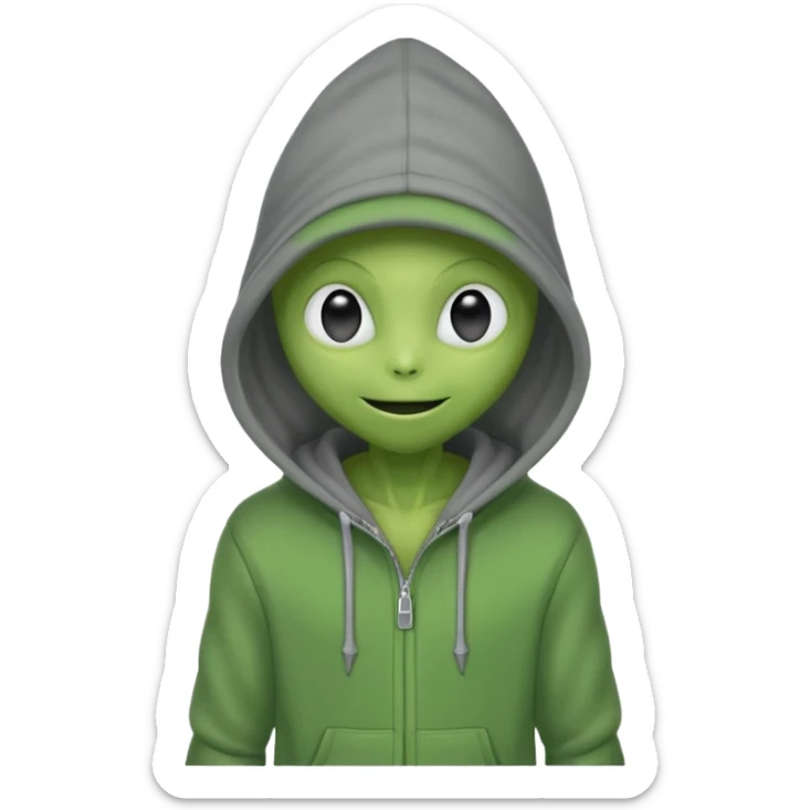 happy green alien in gray hoodie full height, wear hoodie hat sticker