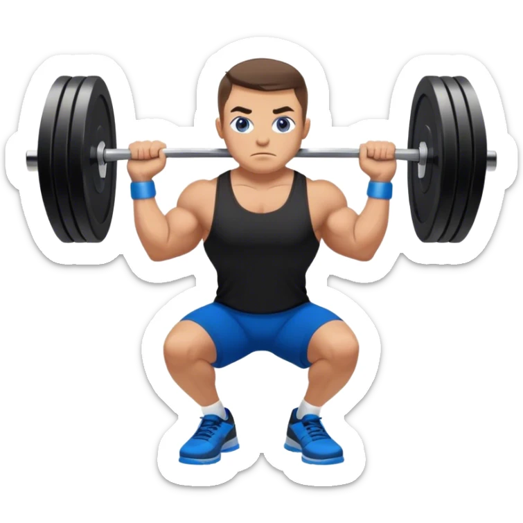 tanned powerlifter grey eyes black shorts black t shirt blue shoes barbell squats sticker