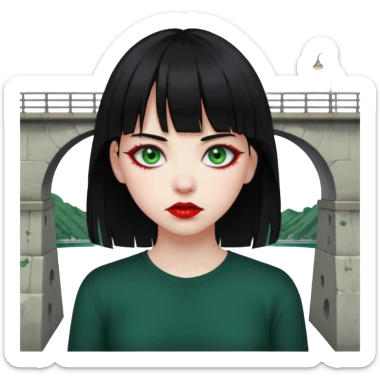 Guria com cabelo preto franjinha sangrando olhos verdes  fundo preto e um piercing bridgepiercing sticker